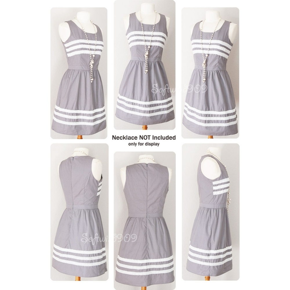 Gray White Lace Trim 100% Cotton Cute A line Dress - Picture 4 of 8